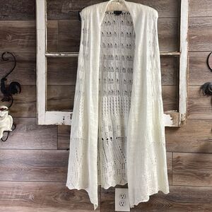 New Directions Ladies Crocheted Vest Long Cardigan, Size Large, Cream, Off White